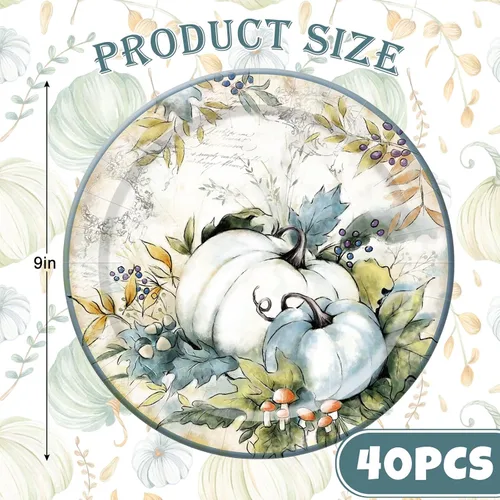 Miniatura 2 de AnyDesign 40 platos de papel de otoño, platos redondos desechables de calabaza verde azulado retro de 9 pulgadas, plato de postre para otoño