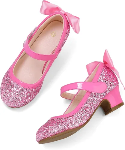 Miniatura 5 de K KomForme Zapatos de vestir para niñas con purpurina Mary Jane tipo pump con lazo, tacón bajo para fiestas y bodas, zapatos de princesa