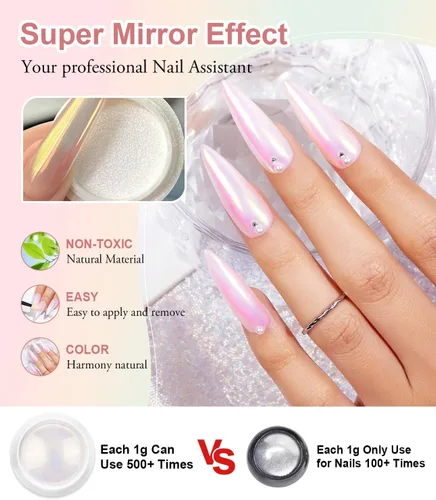 Miniatura 6 de Polvo de uñas 100% cromado BISHENGYF: Polvo cromado de efecto metálico súper NO.1 para uñas Oro Plata Blanco Laser Holográfico Blanco Perla Cromo A