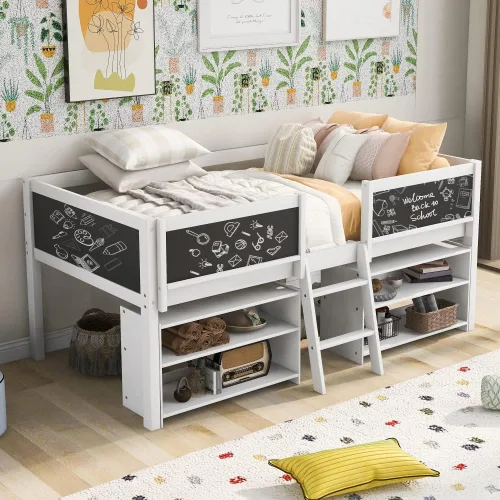 Cama tipo loft junior con 2 estantes de almacenamiento móviles y escalera, con barandilla decorativa, tamaño individual de madera, color blanco