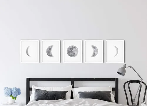 Miniatura 3 de HAUS AND HUES Fases de la Luna - Decoración de pared – Juego de 5 impresiones artísticas de fases lunares, carteles celestiales, 8 x 10 pulgadas sin