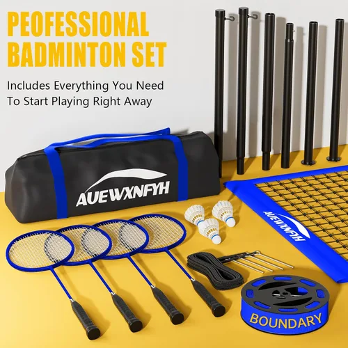 Miniatura 5 de Juego de bádminton portátil, red resistente para exteriores con 4 raquetas, 3 volantes y línea de límite para juegos familiares de patio trasero