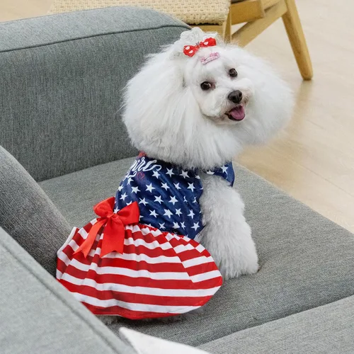Miniatura 5 de CuteBone - Vestidos de terciopelo para perros del 4 de julio para perros pequeños, mono para mascotas, ropa para niñas, falda de cachorro con lazo
