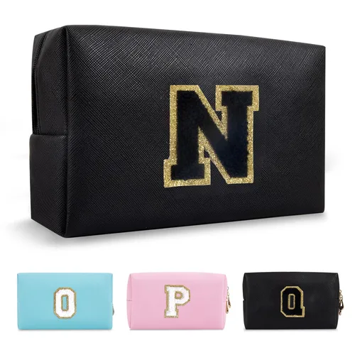 Miniatura 306 de Pequeña bolsa de maquillaje personalizada con inicial A-Z Preppy Patch, bolsa de cosméticos de viaje de felpilla blanca con cremallera, bonita bolsa