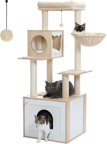 PETEPELA Árbol para gatos de 56.7 pulgadas con caja de arena, torre grande de madera para gatos de interior con armario de almacenamiento y acogedor