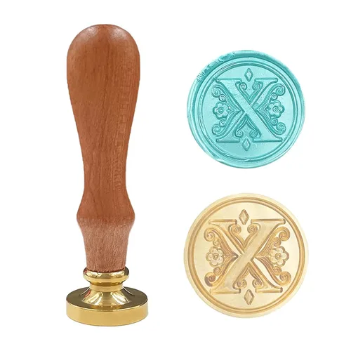 Sello medieval tradicional de cera del alfabeto, sello de cera con cabeza de latón, con mango de madera, para tarjeta/sobre/regalo (letra X)