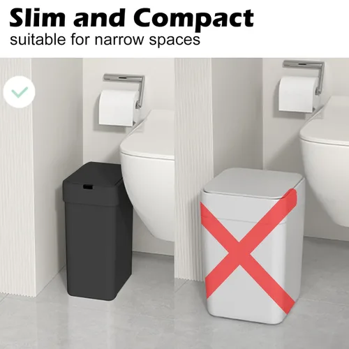Miniatura 6 de ELPHECO Basurero de baño con tapa, paquete de 2 botes de basura automáticos, 2.5 galones + 4 galones con sensor de movimiento inteligente, Negro