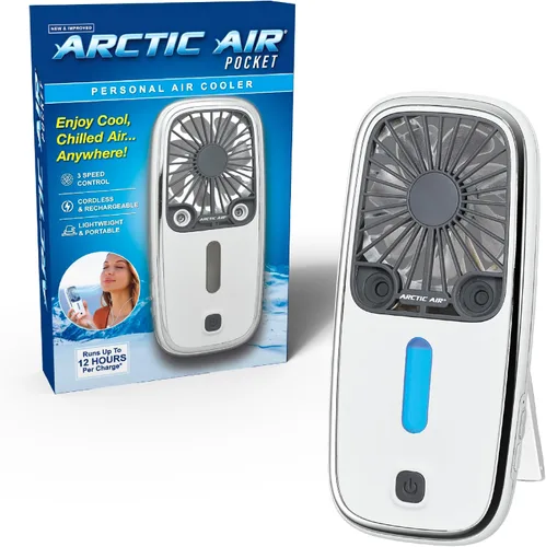 Arctic Air Ventilador portátil pequeño de bolsillo, potente enfriador de aire personal con 3 velocidades ajustables, duración de la batería de 12