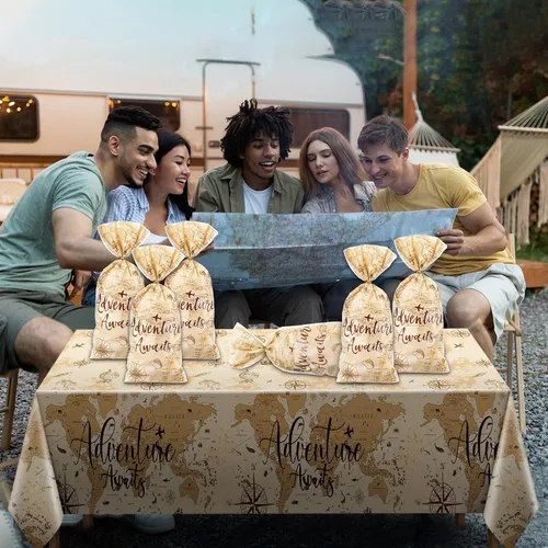Miniatura 5 de Frienda 100 bolsas de celofán con temática de aventura, decoración de fiesta de aventura, bolsas de regalo con temática de viaje, mapa del mundo