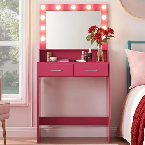 Miniatura 9 de MIRROTOWEL Escritorio de tocador de 47.5 pulgadas con espejo grande, 3 modos de iluminación de color, brillo ajustable, cómoda con 3 cajones y 2