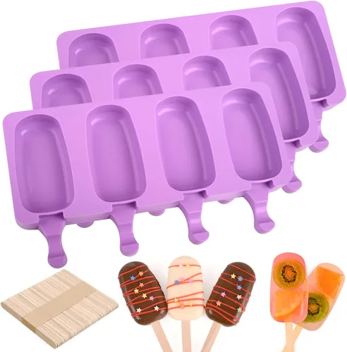 Miniatura 17 de Sakolla 2 paquetes de moldes de silicona para paletas, moldes de helado de diamante de 4 cavidades con 50 palos de madera para paletas de hielo