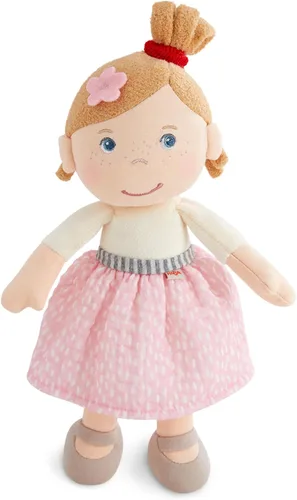 Miniatura 10 de HABA Snug Up Doll Rumbi - Muñeca suave de 10 pulgadas con cabello negro y overol rosa - Lavable a máquina para 18 meses en adelante