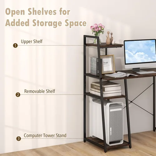 Miniatura 6 de COSTWAY Escritorio para computadora con estantes de almacenamiento de 4 niveles, mesa de escritorio de oficina en casa con marco resistente