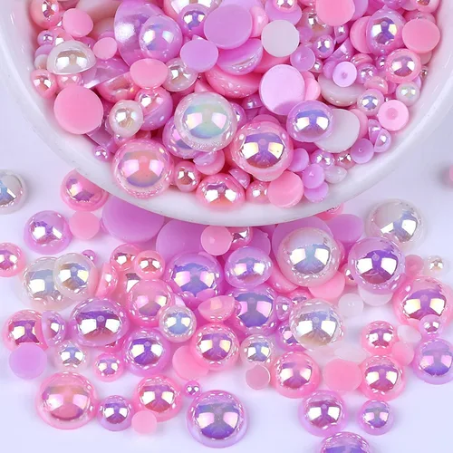 Miniatura 31 de Perlas con parte trasera plana para manualidades, 50g Mezcla Azul Rosa Blanco Medias perlas para manualidades, Tamaño mixto 3/4/5/6/8/10mm Perlas
