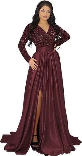 Miniatura 5 de YMSHA Vestido de fiesta de graduación con lentejuelas brillantes para mujer, con bolsillos, manga larga, satén, vestido de noche formal con abertura