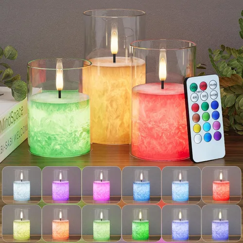 VIODAIM 12Colores Velas de Cera Real de Cristal de Hielo sin Llama con Control Remoto y Temporizador, Velas Operadas por Batería con Llama