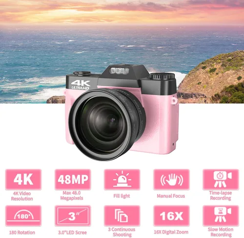 Miniatura 3 de VETEK - Cámaras digitales para fotografía, cámara vlogging 4K de 48 MP con zoom digital 16X de enfoque manual, cámara compacta para estudiantes
