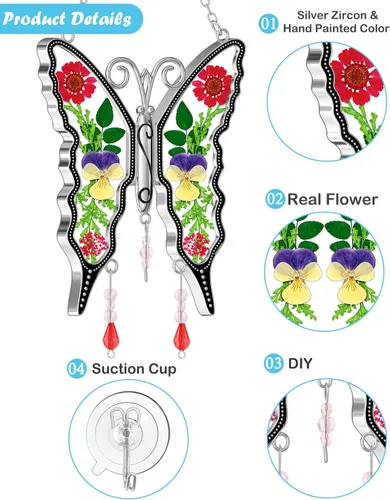 Miniatura 8 de KY&BOSAM - Atrapasoles de mariposa de vidrio para ventanas, carillón de viento, adorno colgante con flores secas presionadas entre las alas y sin