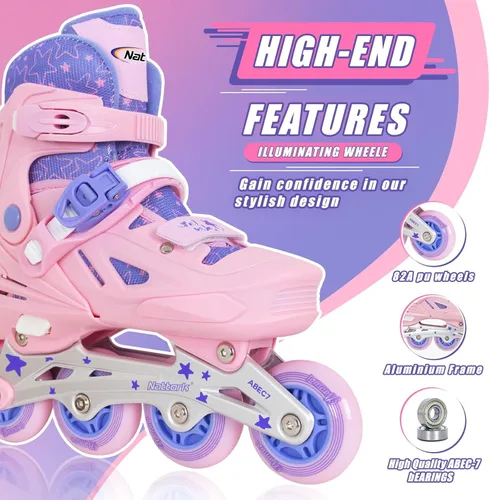 Miniatura 2 de Patines en línea Nattork para niñas y niños, patines ajustables con ruedas iluminadas en 4 tallas, patines iluminados para principiantes para niños