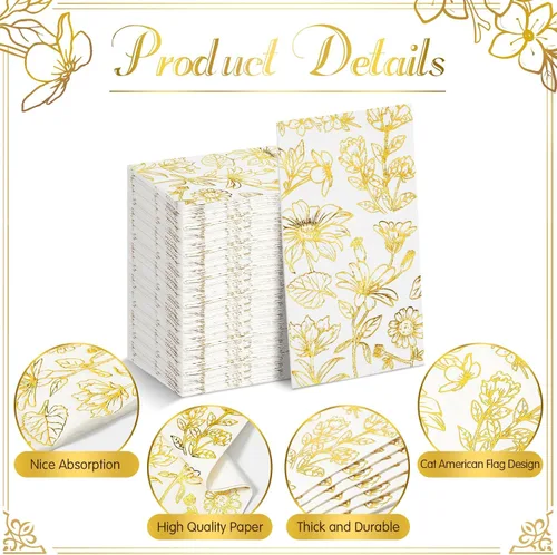 Miniatura 3 de Pasimy 100 servilletas de papel dorado desechables para invitados, servilletas de cóctel de papel floral, elegantes toallas de mano para cena