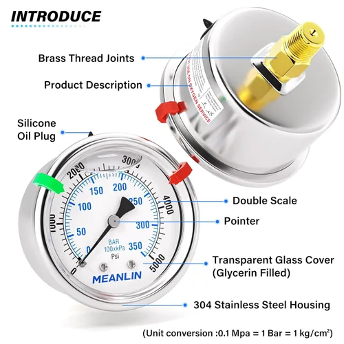Miniatura 72 de MEANLIN MEASURE Medidor de presión de acero inoxidable relleno de líquido de 0 ~ 300 psi, esfera de cara NPT de 2 pulgadas para compresor de aire