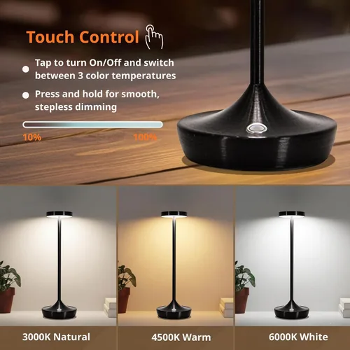 Miniatura 4 de Lámpara de mesa inalámbrica recargable - Luz de mesa LED operada con batería de 6000mAh - Lámparas de mesa portátiles táctiles regulables