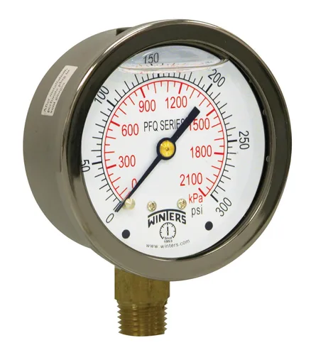Winters Medidor de presión industrial de llenado de líquido con esfera de 2-1/2", interiores de latón, caja de acero inoxidable 304, escala dual