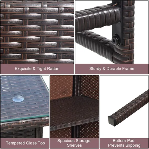 Miniatura 7 de Tangkula - Juego de barra para patio, 3 piezas de mimbre para exteriores, con 2 taburetes con cojines y mesa con cubierta de cristal, color gris