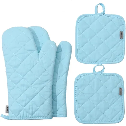 Miniatura 12 de Juego de 4 guantes para horno y soportes para ollas, resistentes al calor, 500 grados, extra gruesos, largos, de algodón, para cocina