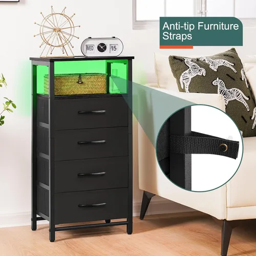 Miniatura 8 de Yoobure - Mesita de noche - Cómoda pequeña para dormitorio, mesita de noche LED negra con estación de carga, mesa de noche con 4 cajones de tela