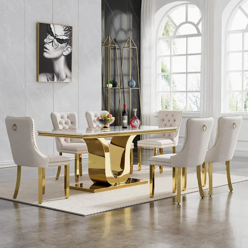 Miniatura 9 de Juego de mesa de comedor de mármol de lujo de 70 pulgadas para 4, juegos de mesa de cocina blanco y dorado para 4, mesa de comedor moderna de mármol