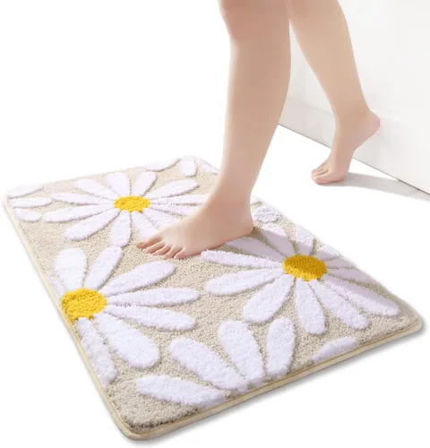 Miniatura 26 de QJHOMO Alfombra de baño azul con diseño de margaritas, decoración de flores blancas y amarillas, alfombra antideslizante de microfibra, súper Azul