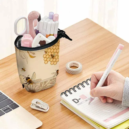 Miniatura 2 de Swono Honey Bees Wildflowers Estuche para lápices Retro Grabado Sombreado Stand Up Estuche Organizador Portalápices Bolsa de Cosméticos para Mujeres