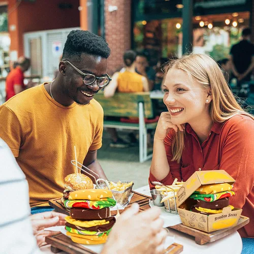 Miniatura 5 de AGRIMONY Divertidos calcetines con diseño de hamburguesa y hotdog con tacos y palomitas de maíz, calcetines de comida novedosos para cumpleaños