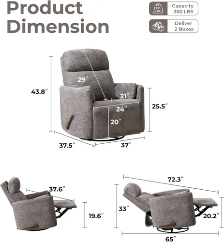 Miniatura 2 de Sillón reclinable mecedor giratorio de gran tamaño con masaje y calor, sillón reclinable giratorio para guardería con reposacabezas ajustable, silla