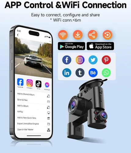 Miniatura 8 de Cámara de tablero de 360° frontal y trasera en el interior, cámara de tablero de 4 canales para automóviles FHD 1080Px4, Wi-Fi integrado, pantalla