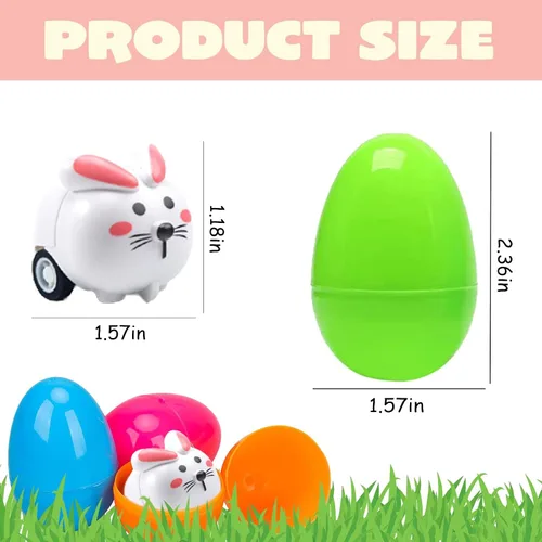 Miniatura 5 de BAINFE 12 huevos de Pascua con juguetes de automóvil para tirar hacia atrás, huevos de plástico con vehículos de animales de dibujos animados