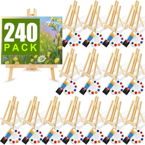 Conjunto profesional de pintura de 240 piezas con 20 caballetes de madera, 20 paquetes de 200 pinceles con cabeza de nylon y 20 paletas, kit de