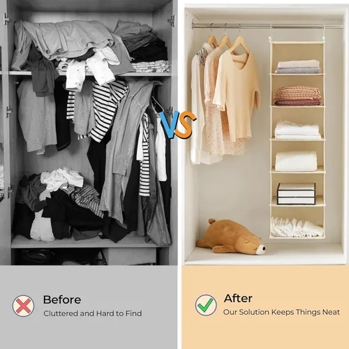 Miniatura 8 de MAX Houser Organizador colgante de armario de 6 niveles, estante colgante de tela con 2 ganchos resistentes para almacenamiento, plegable (beige)