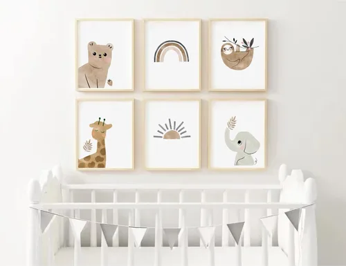 Miniatura 7 de Arte de pared para bebé niño, decoración deportiva para guardería, lienzo de animales de safari, arte de pared de bosque para habitación de bebé