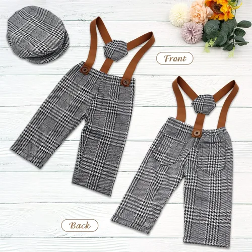 Miniatura 7 de 4 piezas de accesorios para fotos de bebé recién nacido, overol de celosía, pantalones con tirantes con boina, gafas de pajarita para disfraces