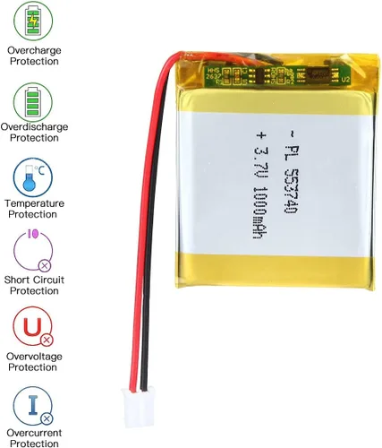 Miniatura 3 de Batería recargable Lipo de la batería del polímero de iones de litio de 3.7v 1000mAh 553740 con el conector del PH 6.6 ft m