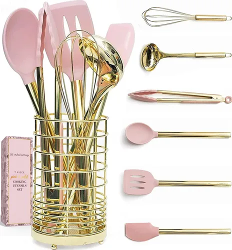 Miniatura 10 de Juego de utensilios de cocina de silicona blanca y dorada con soporte dorado para utensilios – 7 piezas de silicona – Ideal para utensilios