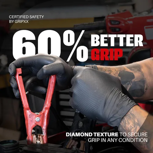 Miniatura 4 de GRIPXX Herkules Grip Guantes de nitrilo resistentes de 8 mil, negros, con textura de diamante 3D elevada - Industriales, sin látex y sin polvo