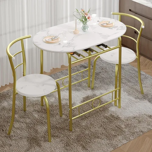 Miniatura 2 de VECELO juego de mesa de comedor de 3 piezas para cocina o desayunador, con superficie ovalada de grano de madera y estructura de metal con estante