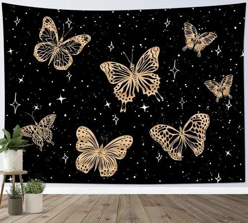 Miniatura 8 de LB Tapiz de mariposa colorido para colgar en la pared, diseño de mariposas de insectos sobre fondo negro, tapiz hippie de fantasía para dormitorio