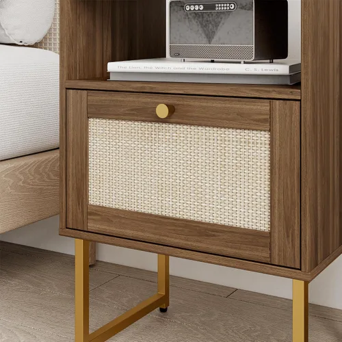 Miniatura 8 de JOONEE Mesita de noche de ratán, mesita de noche de granja con cajón de almacenamiento y estante abierto, mesa auxiliar moderna bohemia con marco