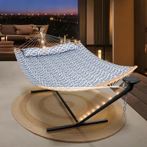Miniatura 10 de SUNCREAT Hamaca doble para exteriores con soporte de 12 pies, hamacas autoportantes con soporte, beige