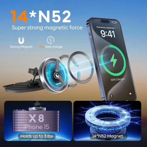 Miniatura 4 de MAGJIEYX Cargador magnético de montaje en coche con ranura para CD para iPhone 17, 16, 15-12, 3 veces estable en carreteras con baches, soporte