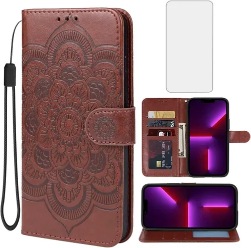 Funda para iPhone 13, funda tipo cartera para iPhone 14 con protector de pantalla de vidrio templado, diseño de mandala en relieve, soporte para